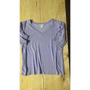 Liz Claiborne Womens Large Lavender V-Neck Puff Short Sleeve Smocked Cuff Top